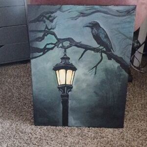 Original Raven and Lamp Post Canvas Art Acrylic Handpainted